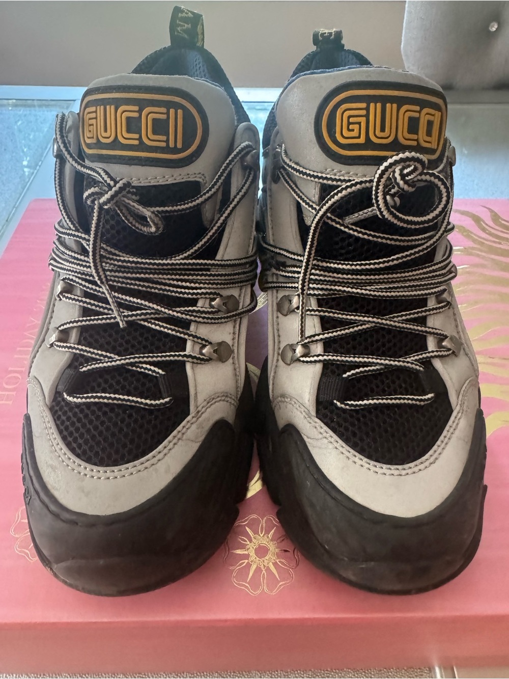 Men’s Gucci Flashtrek Black, White and Yellow Trail Sneakers
